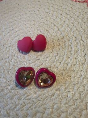 Pink Heart Stud Earrings with Faceted Crystal Centers